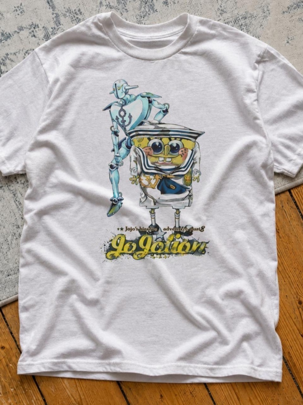 Gildan White Graphic Tee with Yellow & Light Blue JoJo-Inspired Design